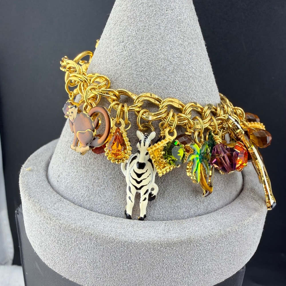 Vintage‎ Lunch at The Ritz Charm Bracelet Gold Safari Animal Enamel 6.5" READ
